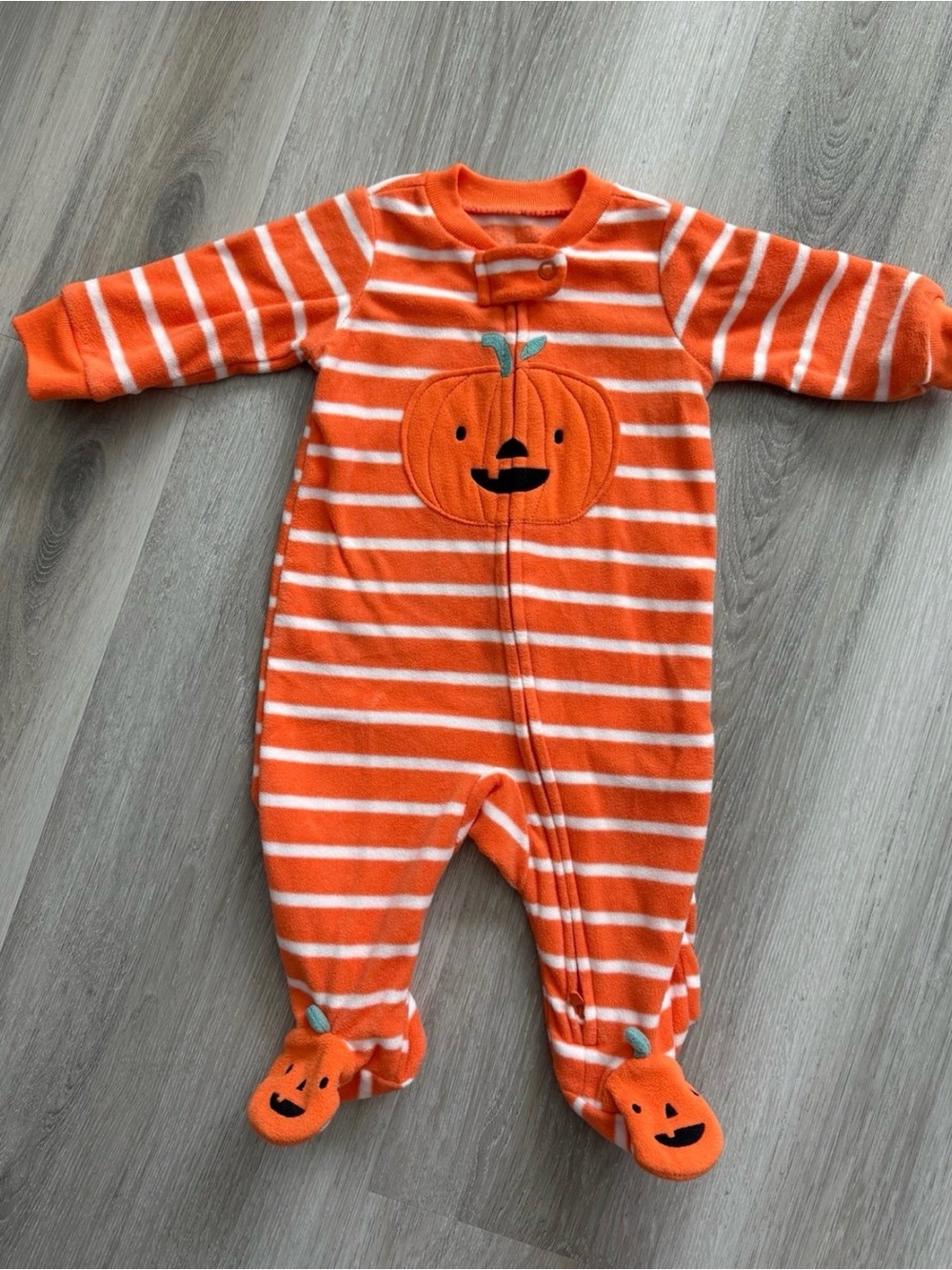 Carter's Halloween Orange & White Striped Fleece Pumpkin Footed pajamas size 3M